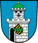 Wappen der Stadt Bad Belzig mit kursächsischem Schild vor der Burg Eisenhardt