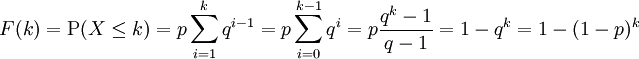 F(k)=\operatorname{P}(X \le k) = p\sum_{i=1}^{k}q^{i-1}
                    =  p\sum_{i=0}^{k-1}q^{i}
                    =  p\frac{q^{k}-1}{q-1}
                    =  1 - q^{k}
                    =  1 - (1-p)^{k}