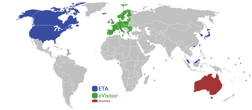 Die Karte zeigt die Länder für das ETA in blau und für das eVisitor in grün