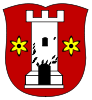 Das Wappen von Oberbeuren zeigt einen Turm für die Herrschaft der Schwarzenberger und zwei Sterne wie im Kaufbeurer Stadtwappen.