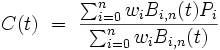 C(t) \ = \ \frac{\sum_{i=0}^n w_i B_{i,n}(t) P_i}{\sum_{i=0}^n w_i B_{i,n}(t)}