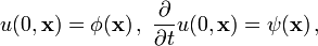 u(0,\mathbf x)=\phi(\mathbf x)\,,\ 
\frac \partial {\partial t} u(0,\mathbf x)=\psi(\mathbf x)\,,