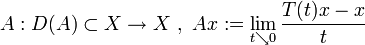 A: D(A) \subset X \rightarrow X\ ,\ Ax := \lim_{t\searrow 0}\frac{T(t)x-x}{t}