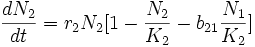 \frac{dN_2}{dt}=r_2N_2[1-\frac{N_2}{K_2}-b_{21}\frac{N_1}{K_2}]