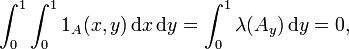 \int_0^1\int_0^1 1_A(x,y)\,\mathrm dx\,\mathrm dy = \int_0^1\lambda({A_y})\,\mathrm dy =  0,