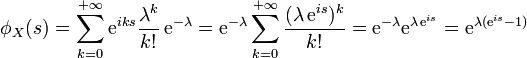 \phi_{X}(s) = \sum_{k=0}^{+\infty}\mathrm{e}^{iks}\frac{\lambda^{k}}{k!}\,\mathrm{e}^{-\lambda}
               = \mathrm{e}^{-\lambda} \sum_{k=0}^{+\infty} \frac{(\lambda\, \mathrm{e}^{is})^{k}}{k!}
               = \mathrm{e}^{-\lambda} \mathrm{e}^{\lambda\, \mathrm{e}^{is}}
               = \mathrm{e}^{\lambda(\mathrm{e}^{is}-1)}