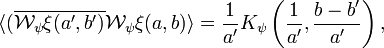 
  \langle (\overline{\mathcal{W}_\psi\xi(a',b')} \mathcal{W}_\psi\xi(a,b) \rangle 
   =  \frac{1}{a'} K_\psi \left( \frac{1}{a'},\frac{b-b'}{a'} \right),
