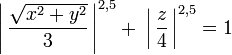 
\left|\, \frac{\sqrt{x^2+y^2}}{3} \,\right|^{2{,}5} + \; \left|\, \frac{z}{4} \,\right|^{2{,}5} = 1
