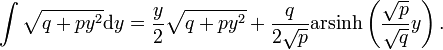 \int\sqrt{q+p y^2}\mathrm{d}y=\frac{y}{2} \sqrt{q+p y^2}+\frac{q }{2 \sqrt{p}} \operatorname{arsinh}\left(\frac{\sqrt{p}}{\sqrt{q}}y\right).